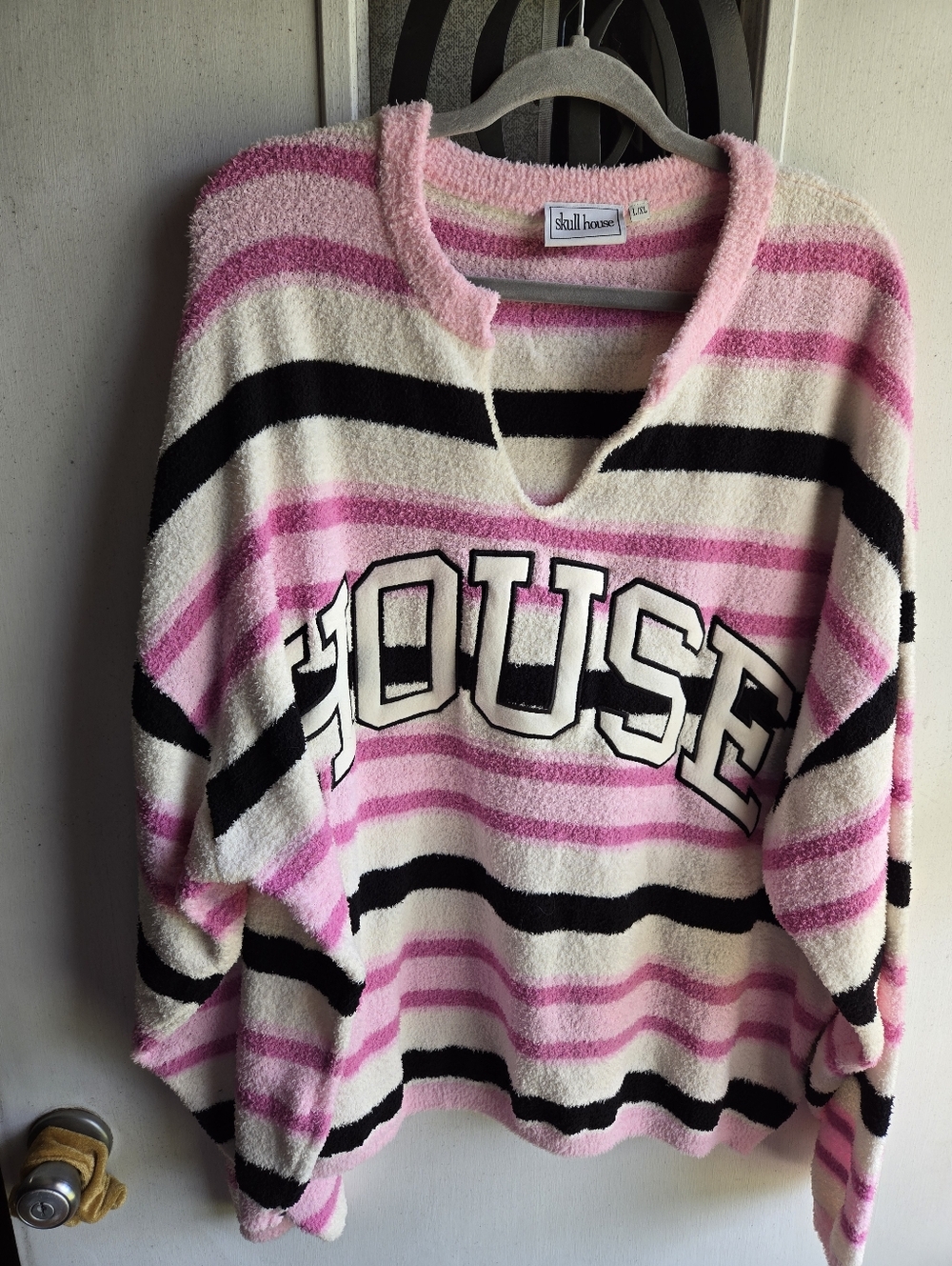 Skull House Pink Striped V-Neck 'HOUSE' Graphic Sweater - Picture 4 of 6